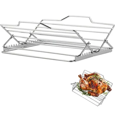 Produktbild von Klappbarer Brathähnchenhalter aus Edelstahl, verstellbarer Grillrost für Hähnchen & Rippchen, ideal für Camping, BBQ und Ofen (27,6 x 26,2 x 1,8 cm)