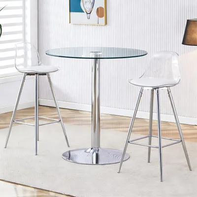 Image de Ensemble de bar modulable : table ronde en verre de 89 cm de diamètre + 2 tabourets de bar aux pieds argentés. Aspect transparent. Polyvalent. Crée une impression d'espace et permet de gagner de la place.