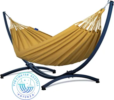 Produktbild von Potenza Outdoor Hängematte mit Verzinkter Gestell für 2 Personen I 100% Baumwolle Merida Doppelhängematte XXL 215x160, 200kg I Stabhängemattengestell 220kg, wetterfest
