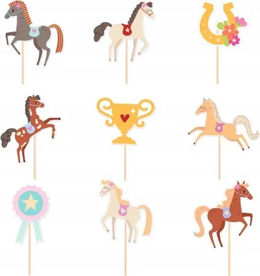 Obrázek produktu pro Topper dekorace pro muffiny cupcakes HORSES koně poníci kůň narozeniny 9ks