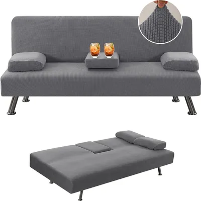Obrázek produktu pro 4 kusy strečového potahu na pohovku Sofa Bed Slipcover Furniture Protector s odnímatelnými područkami a kryty držáků na poháry, šedý