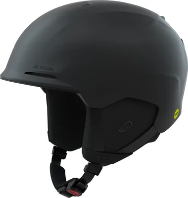 A black Alpina ski helmet is shown against a white background.