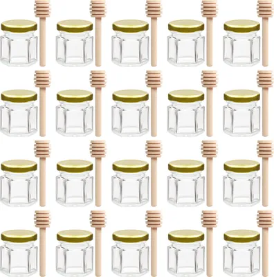 Produktbild von BELLE VOUS (20er-Pack) Hexagon Honigglas mit Honiglöffel aus Holz - 40 ml Honigspender Tropffrei Glas Behälter mit Deckel für Marmeladen & Gewürze -