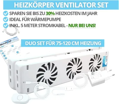 A product image showing a set of radiator fans with accompanying cables and power adapter, along with marketing text highlighting features and benefits.
