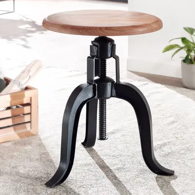 Produktbild von FineBuy Drehhocker 39x62,5x39 cm Akazie Massivholz / Metall Schwarz Drehbar Dekohocker Höhenverstellbar Stehhocker Rund Industrie Kleiner Barhocker