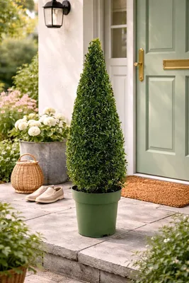 Image de Buchs (Taxus) en forme de cône ou de pyramide, 80–90 cm de hauteur, en pot – Éternellement vert, résistant au froid, esthétique – Idéal pour le jardin, la terrasse et le balcon