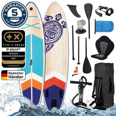 Produktbild von BRAST SUP Board Wood | Aufblasbares Stand up Paddle Set | 320x81x15cm | 2 Designs | inkl. Sonderzubehör | 2in1 Paddel Kajak-Sitz Action-Cam-Halterung Fußschlaufe | Turtle