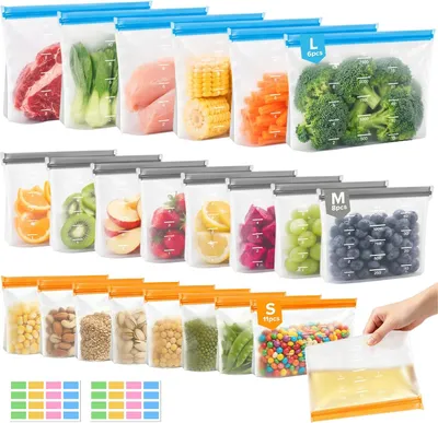 Produktbild von Wiederverwendbare Gefrierbeutel 25 Stück, 3 Größen, Standboden, auslaufsicherer Reißverschluss, für