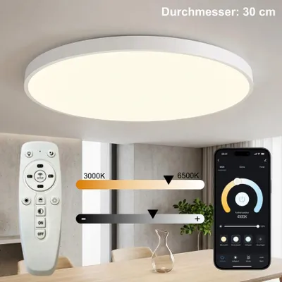 Produktbild von 30cm LED Deckenleuchte Weiß Rund, Smart Deckenlampe mit Fernbedienung & App Steuerung, Dimmbar 3000-6500K, Moderne Deckenleuchte mit Nachtlicht Memory