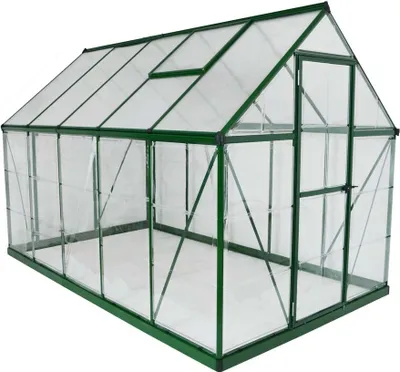 A greenhouse with a green frame and clear panels, shown from a slightly elevated diagonal angle.