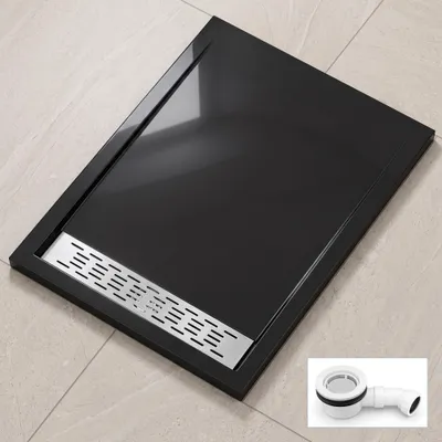 Produktbild von doporro Duschtasse Duschwanne 90x120x5cm flach aus Acryl in schwarz Rechteckig inkl. Ablaufgarnitur AL02 DIN-Anschlüsse für bodenebene Montage geeignet Xetro04