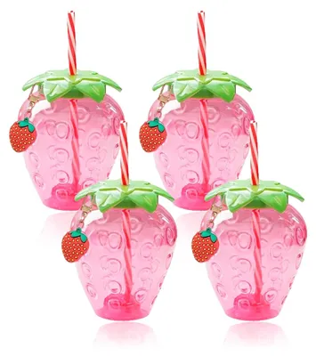 4er-Set Erdbeer-Trinkbecher aus Kunststoff, 12,2 x 9,5 cm, rosa
