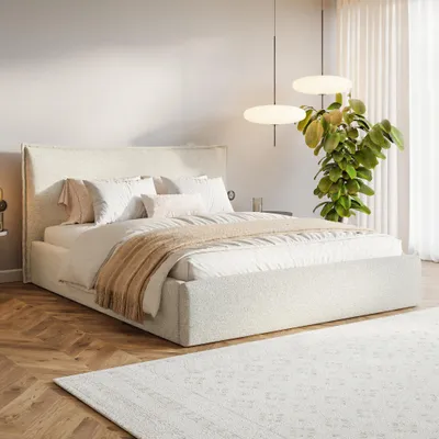 Produktbild von MOTIVENA Leno Polsterbett 200x200 mit Bettkasten, Metall Lattenrost, Bett 200x200 Beige Strukturstoff (Puente 03)