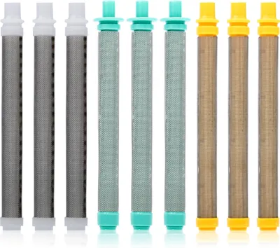 A collection of nine filter cartridges arranged in three groups of three, each group having a different color cap and mesh density.