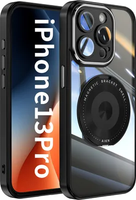 Produktbild von Handyhülle für iPhone 13 Pro Transparent Militärschutz mit Magnetring Ständer und Kameraabdeckung Schwarz