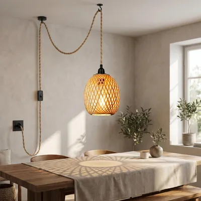 Image de Omgoods - Suspension bohème en bambou avec abat-jour en osier