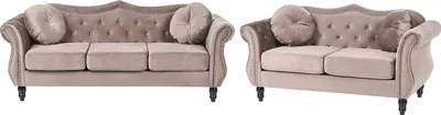 Produktbild von BELIANI 5-Sitzer Sofa Set Taupe Samt Gepolstert Gesteppt mit Kissen Holzbeinen Knopfheftung Retro Chesterfield Stil Freistellbar Wohnzimmer Sitzgruppe