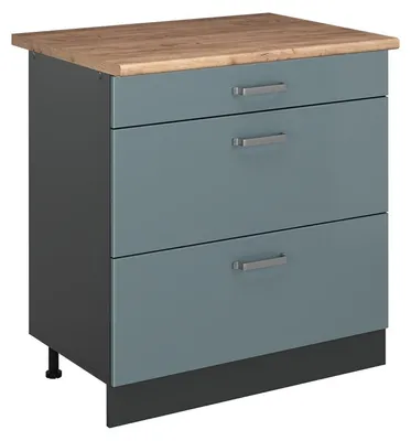 Imagen del producto de Mueble bajo de cocina Vicco R-Line Gris azulado/Antracita 80 cm con 3 cajones encimera Roble dorado, Model 72409