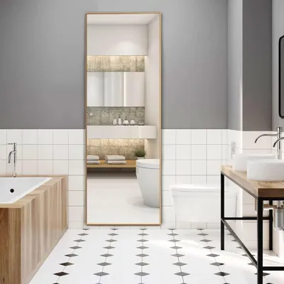 Zdjęcie produktu dla Pełnowymiarowe lustro 150x56cm, duże lustro do powieszenia lub pochylenia, lustro ubraniowe z aluminiową ramą, stojące lustro do sypialni, łazienki, salonu (złote)