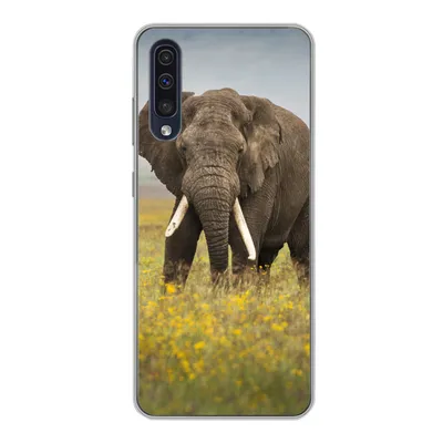 Produktbild von MuchoWow® Handyhülle Schutzhülle Hülle für Samsung Galaxy A30s Elefant - Blumen - Gras - Tiere - Natur Silikon Softcase Handy Hülle - Karteninhaber