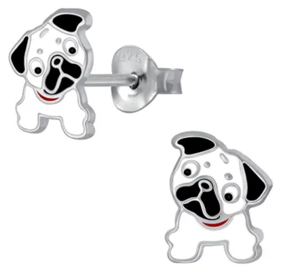 Produktbild von Kinderohrstecker: Mädchen Ohrringe Silber „Bulldogge / Mops“ Weiß