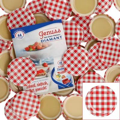 A collection of red and white checkered jar lids and a product label for jam.