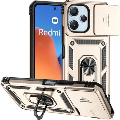 Produktbild von Pouzdro pro Xiaomi Poco M6 Pro 5G/Redmi 12/Redmi 12 5G dvouvrstvé pouzdro s posuvným krytem kamery a prstencovým stojánkem Zlato