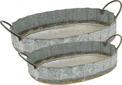 Produktbild von Zinkschale 2er-Set Antik-Stil mit Henkel, Dekoschale für Pflanzen & Deko, L45cm/59cm