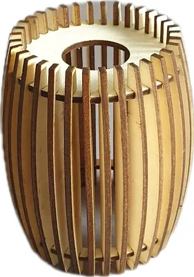 A wooden lampshade with a slatted design.
