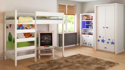 Produktbild von Hochbett Alexandra 180x80 Kinderbett mit Rausfallschutz & Lattenrost weiß 80 x 180 für Mädchen und Jungen mit Matratze