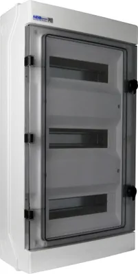 A white electrical distribution box with a transparent gray door.