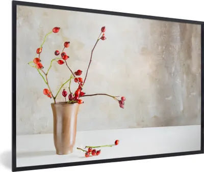 Produktbild von MuchoWow® Gerahmtes Poster Hagebutte - Stillleben - Rot 90x60 cm - Poster mit Schwarzem Bilderrahmen Wandposter Rahmen Foto Bilder - Fotorahmen - Foto-Plakat