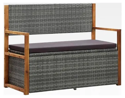 Produktbild von Sitzbank mit Stauraum 110 cm aus Poly Rattan und Akazienholz Grau