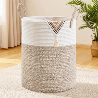 Image de Panier à linge XXL, 100 litres, rond, tressé en corde de coton, marron et blanc, avec poignée