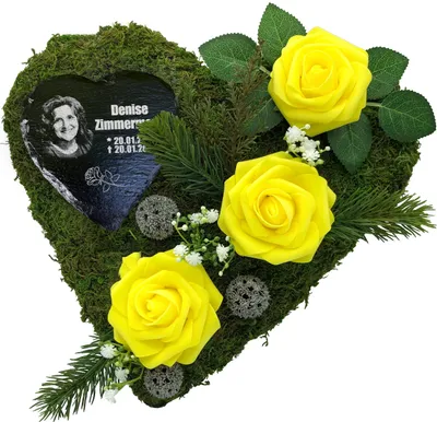 Produktbild von Grab Gesteck Grabgesteck Grabschmuck Grabaufleger Moosherz Schieferherz Gravur und Foto GELB