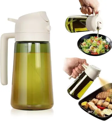 Productafbeelding van Glazen fles van 470 ml - 2-in-1: oliekan en spuitfles - Oliekan met etiket en borsteltje - Oliekan voor de keuken en tijdens het koken