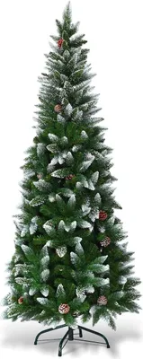A full shot of a green artificial Christmas tree with snow-like flocking and pinecones, standing on a black metal stand against a white background.