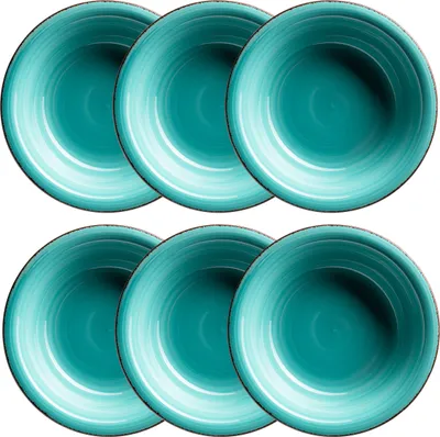 A set of six teal-colored ceramic soup plates arranged in two rows of three.
