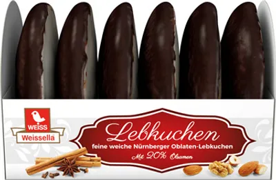 A box of Lebkuchen cookies with a clear view of the cookies inside.