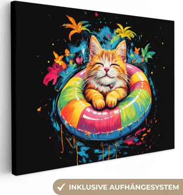 Produktbild von MuchoWow® - Leinwandbilder - Graffiti - Sommer - Katze - Tier, Wandbild, Wanddeko Bilder Wohnzimmer, 120x90 cm