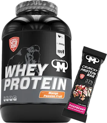 Produktbild von Mammut Nutrition - Whey Protein 3000 g Dose - 120 Portionen Eiweiß + GRATIS Protein Bar (Raspberry White Chocolate), Geschmack: Mango Passion Fruit