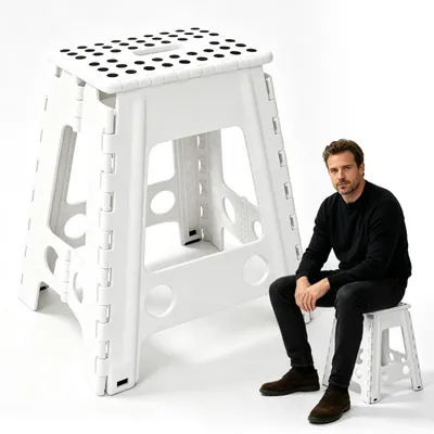Zdjęcie produktu dla Składany taboret 45 cm, biały, udźwig 150 kg, z powierzchnią antypoślizgową, do kuchni