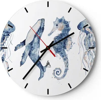 Produktbild von Wanduhr - Rund - Glasuhr - Tiere Marine Kinder - 30x30cm - Schleichendes Uhrwerk - Lautlos - zum Aufhängen bereit - Dekoration Modern - Wanddekoration aus Glas - C3AR30x30-4262