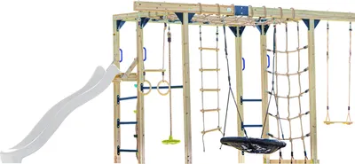 Produktbild von AXI Boris Klettergerüst aus Holz in Braun mit weißer Rutsche | Kletterspielplatz für Kinder mit verschiedenen Schaukeln, Trapez, Kletternetzen und