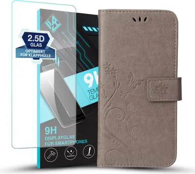 Produktbild von Handyhülle für Samsung Galaxy A17 / A17 5G mit 9H Displayglas Floral Blumen Schmetterling Flip Cover Hülle Case Klapphülle Handytasche Farbe: Grau