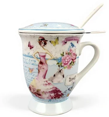 Produktbild von Vintage Keramik Teetasse mit Sieb, Löffel und Deckel (Fräulein), Asiatisches Motiv, Porzellan, Tee-Becher