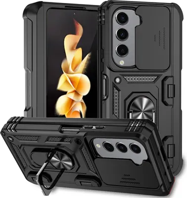 Immagine prodotto di Custodia per Samsung Galaxy Z Fold 5 a doppio strato con copertura scorrevole della fotocamera e supporto ad anello nero