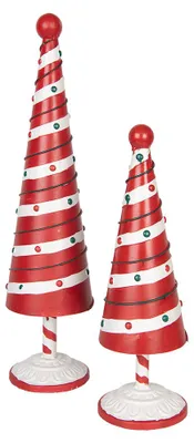 Imagen del producto de Figura decorativa navideña de Clayre & Eef, con forma de árbol de Navidad, de color rojo y blanco, hecha de metal. Dimensiones: 13 cm de diámetro x 49 cm de altura