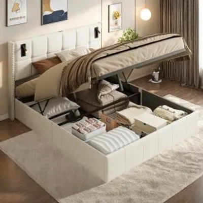 Image de UnboxG Lit rembourré 160x200cm, lit double, tête de lit à rangement, éclairage LED à la tête du lit, avec rangement hydraulique, lin, beige