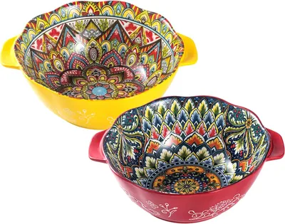 Produktbild von Set von 2 großen bunten Schalen - 1450 ml im Boho-Stil mit Griffen für Müsli, Suppe und Cornflakes